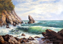 Cliff Coast, Signed Oil Painting