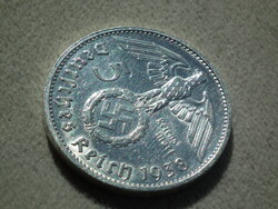 Németország, horogkeresztes ezüst birodalmi 5 Márka (Reichsmark), 1938 G