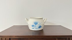 Retro Kispesti Granite soup bowl with handle, blue floral, marked