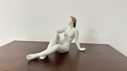 Hollóházi porcelain seated female nude sculpture Hand-painted