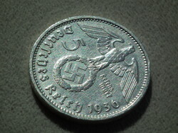 Németország, horogkeresztes ezüst birodalmi 5 Márka (Reichsmark), 1936 D
