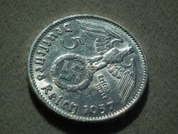 Németország, horogkeresztes ezüst birodalmi 5 Márka (Reichsmark), 1937 D