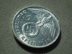 Németország, horogkeresztes ezüst birodalmi 5 Márka (Reichsmark), 1938 D