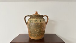 Antique folk glazed clay cooking pot, cauldron with original lid, ovenware