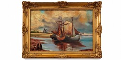 With Tibor Signature – Antique Harbor Scene, Oil on Canvas, Ornate Blondel Frame