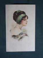Képeslap,Harrison Fisher grafika,művészet,lány,hőlgy,kendős női modell,korhű ruházat,divat,1920-