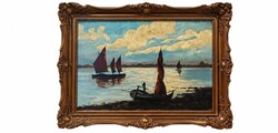 Tibor Ernő ? (1885–1945) signed – Sailboats in the harbor – oil on canvas, ornate blondel frame