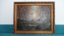 Large Antique Autumn Forest Landscape with Stream – Oil on Canvas Painting in Style Frame