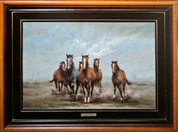 Tibor Bán: Galloping herd - contemporary masterpiece, in an excellent frame - Horses, steppe, landscape