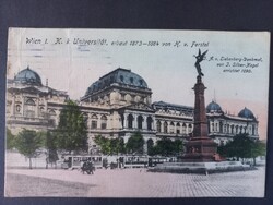 Antik képeslap Bécs – Egyetem és Liebenberg-emlékmű, villamosok 1918 Monarchia