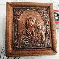 Vintage ortodox fém Kazanyi Istenszülő ikon fa keretben – szovjet éra