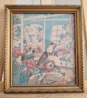 Old Japanese Woodblock Print (Ukijo-e) 22x24 cm with Frame