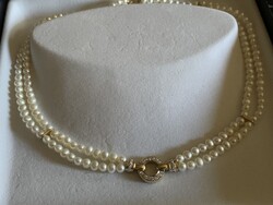 Diamond Clasp with Gold Links, Double Strand Pearl Necklace. Comes with Certificate