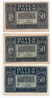 Magyarország 50 fillér 1920, 3 db színváltozat (LOT), EF