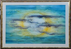 100x70cm!! Izolda Macskássy (1945 - 2021) Silk Collage Painting Titled 'Horse Race' with Original Guarantee!