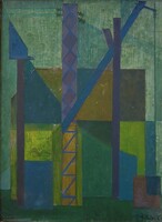 Béla Tilless (1932 - 2018) Green House painting from the Képcsarnok series WITH ORIGINAL GUARANTEE!