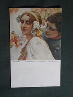 Képeslap,Sergey Solomko grafikai,művészet,férfi,lány,női modell,népviselet ruházat,romantika,1910-