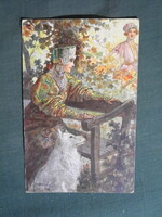 Képeslap,Sergey Solomko grafikai,művészet,férfi,lány,női modell,népviselet ruházat,romantika,1917-