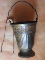Old copper ice bucket with tongs, decorated with enamel or special lacquer painting