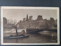 Vintage Postcard Paris, Town Hall, Pont d'Arcole Bridge, Seine with Boat 1930