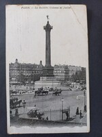Antik képeslap Párizs, Bastille tér, Júliusi oszlop, lovaskocsik, kb. 1910