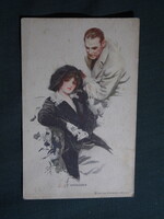 Képeslap,Harrison Fisher grafika,művészet,férfi,lány,hőlgy,női modell,korhű ruházat,romantika,1914-