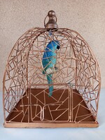 Réz színű geometrikus fém dekorációs kalitka (26×36 cm) + papagáj figura