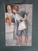 Képeslap,Sergey Solomko grafikai,művészet,férfi,lány,női modell,népviselet ruházat,romantika,1917-