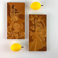 Retro wood intarsia pair with Hawaiian female figures, 1980