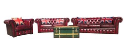 Original Chesterfield Antique Burgundy Leather Club Sofa Set 3+2+1