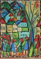 NÉMETH MIKLÓS (1934-2012) "BUSZMEGÁLLÓ" 2006 (50X35 cm) OLAJ-PASZTELL, FESTMÉNY, RITKA!