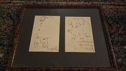 RARE! Original, DEDICATED Drawings by Emy Róna: Giraffe and Elephant (2 pcs ink drawings in frame)