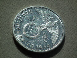 Németország, horogkeresztes ezüst birodalmi 5 Márka (Reichsmark), 1936 G