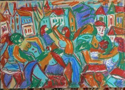 NÉMETH MIKLÓS (1934-2012) "ÜNNEPNAP 3." 2006 (35X50 cm) OLAJ-PASZTELL, FESTMÉNY, RITKA!