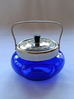 Retro Soviet / Ukrainian Alpaca Lid cobalt glass SUGAR CONTAINER with Bakelite handle