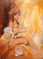 ORIGINAL MYSTERIOUS SÉJTELMES BUBELÉNYI ANDRÉ WOMAN'S NUDE : MORNING COFFEE