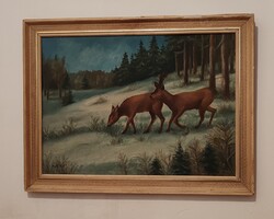 Kadlec Signed – Cozy Winter Forest Scene with Deer, Oil on Fiberboard