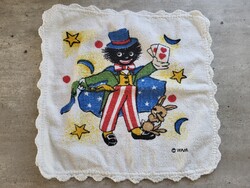 Vintage, retro Golliwogg figurás, frottír kéztörlő horgolt szegéllyel_ritka!