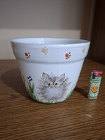 Decorative ceramic cat, cat painted flower pot. Flawless. Marked