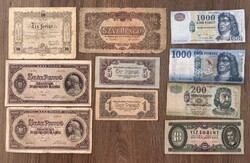 10 db-os magyar tétel: 1848-as Kossuth-bankó, Vörös Hadsereg bankjegyek, hibásnyomat Pengők, ritka F