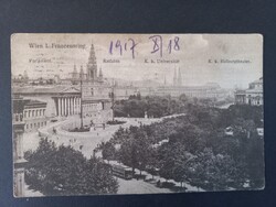 Antik  képeslap  Bécs I. kerület – Franzensring, Parlament, Városháza, Egyetem és villamos 1917