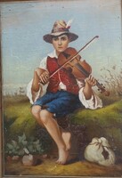 Hegedülő fiú tollas kalapban (XX. század eleje/közepe) - oil / canvas painting