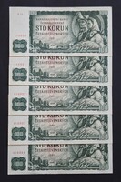 Csehszlovákia 5 db sorszámkövető 100 Korona 1961, AUNC-UNC.