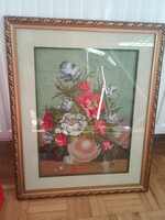 Large Flower Still Life Gobelin Wall Hanging in Elegant Frame