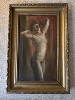 Szász István : female nude oil on canvas painting