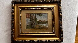 Hand-stitched petit point landscape – birch trees, ornate gilded frame