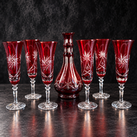 Ruby Red 24% PbO Hand-Cut Lead Crystal Sparkling Wine Set – 6 Flutes + Carafe