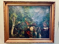 Tibor Göldner (1929–2023) – large 121x100cm, multi-figure market scene – oil painting
