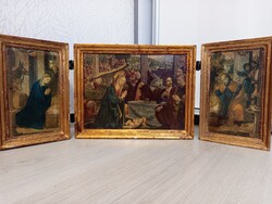 Antik hatású, összecsukható fa házi oltár / Triptichon (Jézus születése)