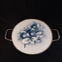 Art Deco antique ceramic tray, blue Spritzdekor apple pattern, with metal handle (23cm+handle)